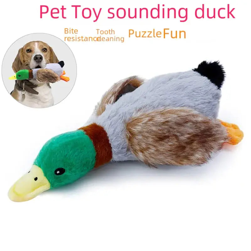 A plush, green-headed duck toy with a yellow beak and brown chest, featuring gray body fur and orange feet.