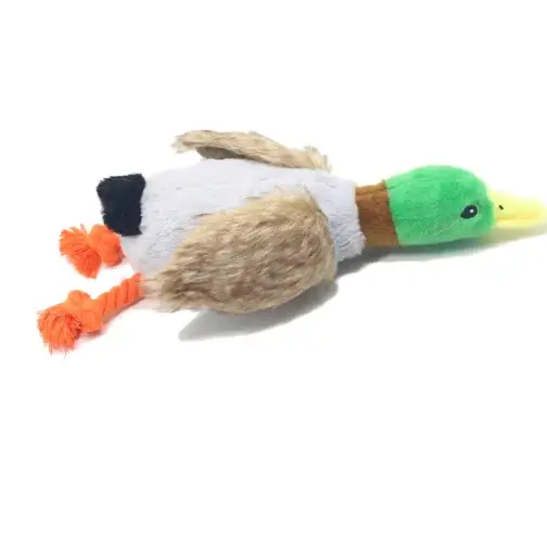A plush mallard duck toy with a green head, brown body, white chest, and orange rope feet.