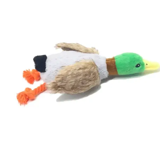 A plush mallard duck toy with a green head, yellow beak, brown neck, white body, and orange rope feet.