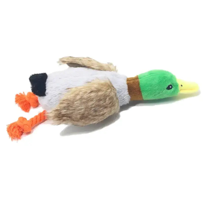 Plush mallard duck toy with green head, yellow beak, white body, brown wings and orange rope feet.