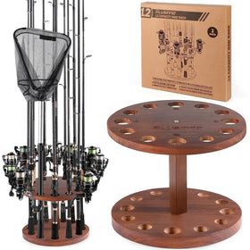 Brown wooden circular fishing rod rack with 12 slots and a central pedestal base.
