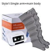 Gray inflatable leg compression sleeves with a white control unit featuring two rotary dials and an lcd screen.