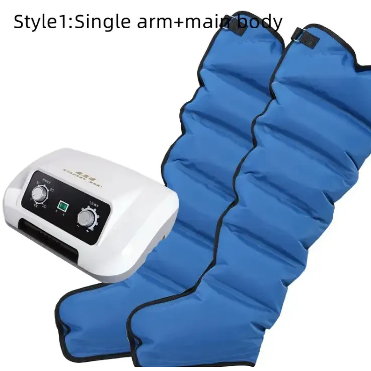 Blue inflatable leg massage sleeves with black trim, paired with a white control unit featuring two rotary dials and indicator lights.