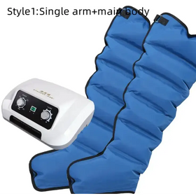 Blue inflatable leg massage sleeves with black trim, paired with a white control unit featuring two rotary dials and indicator lights.