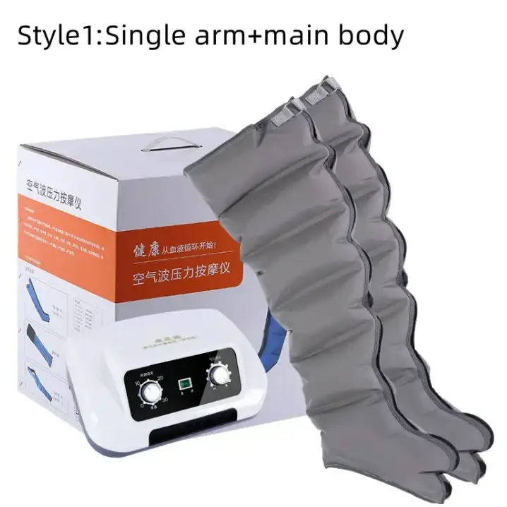 Gray inflatable leg compression sleeves with a white control unit featuring two rotary dials and an lcd screen.