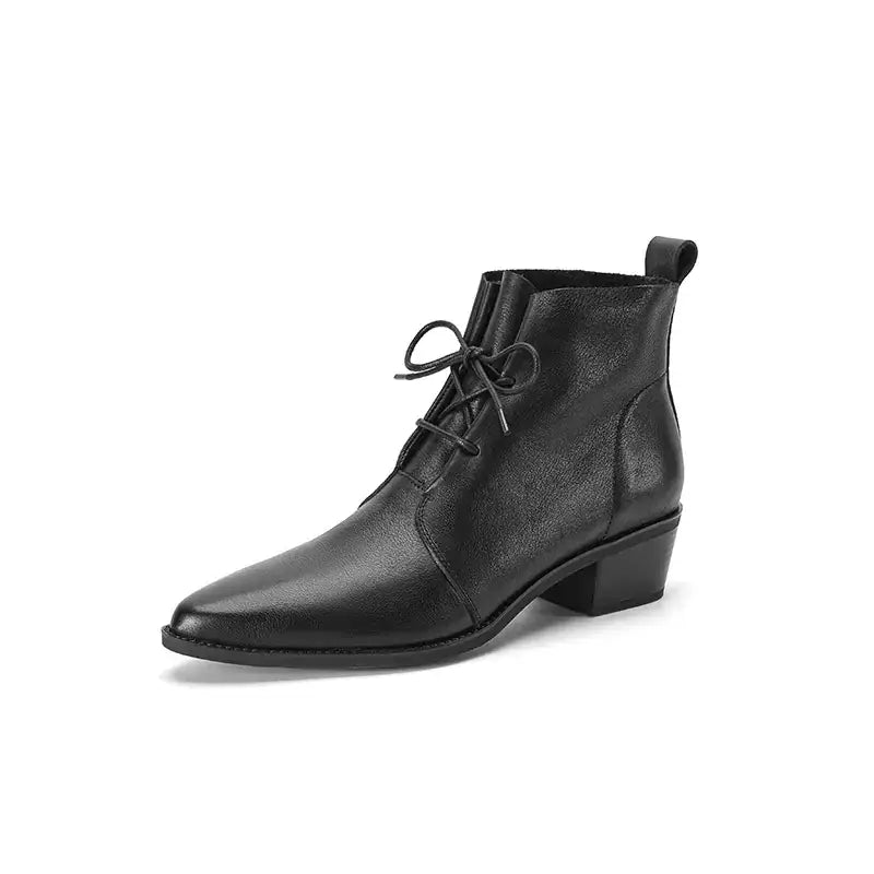 Black leather ankle boot with a pointed toe and low block heel.