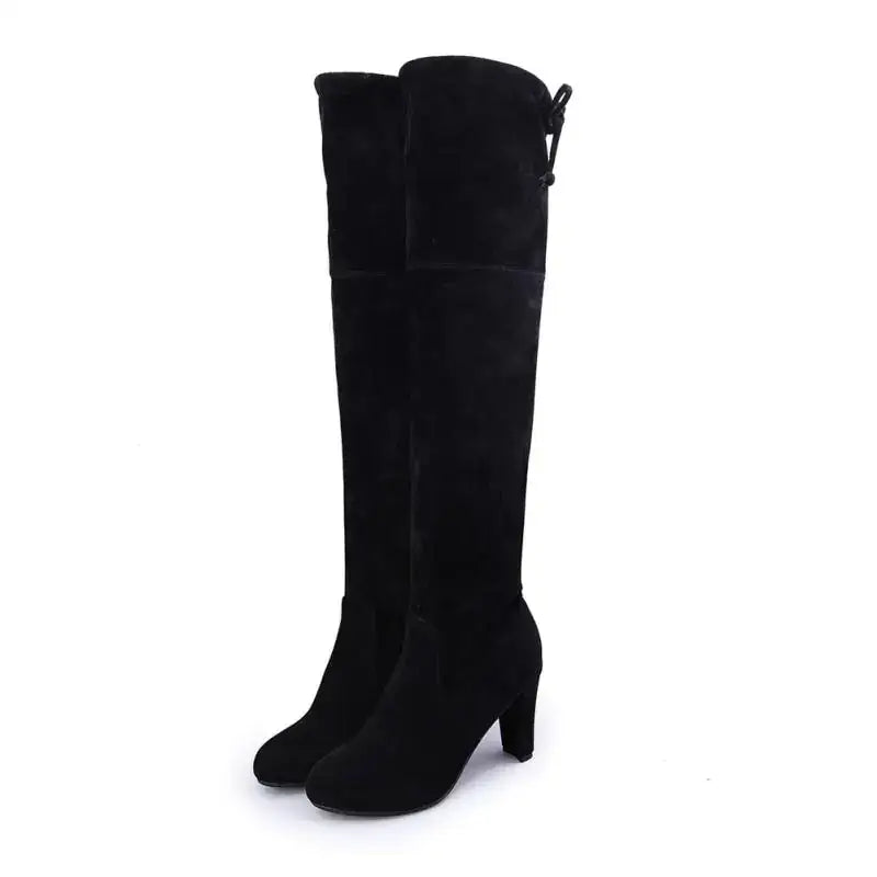Black suede over-the-knee boots with a block heel and adjustable drawstring at the top.