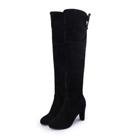Black suede over-the-knee boots with a block heel and adjustable drawstring at the top.