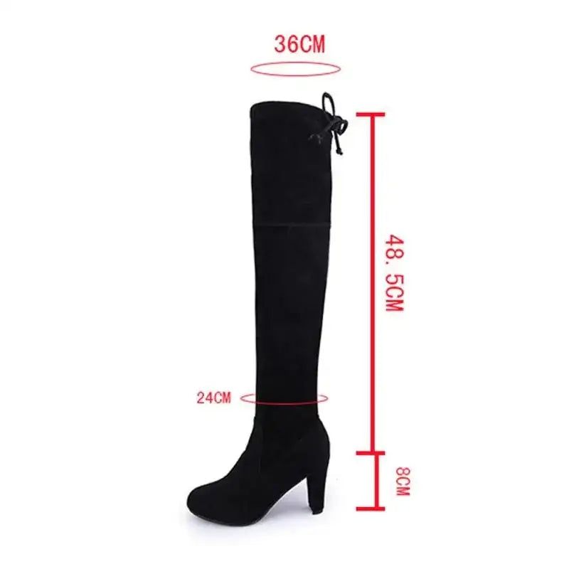 Black over-the-knee boot with a suede-like finish and a modest block heel.