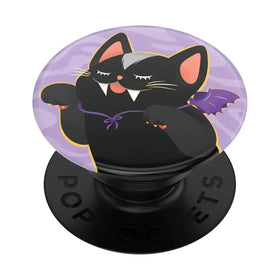 Black cat-themed popsockets phone grip with purple bat wings and lavender background.