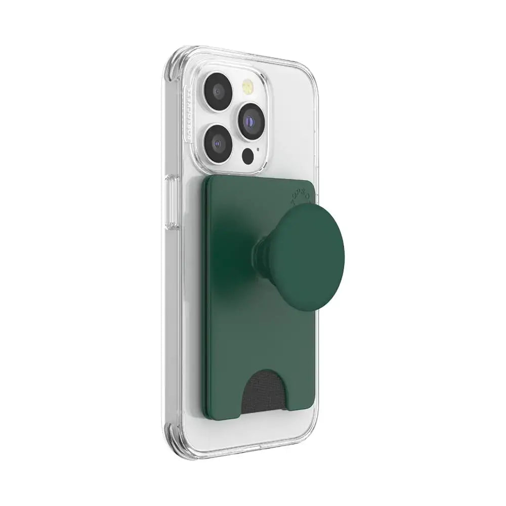 A sleek, matte forest green popsockets phone grip and card holder attached to a clear protective case.