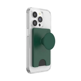 A sleek, matte forest green popsockets phone grip and card holder attached to a clear protective case.