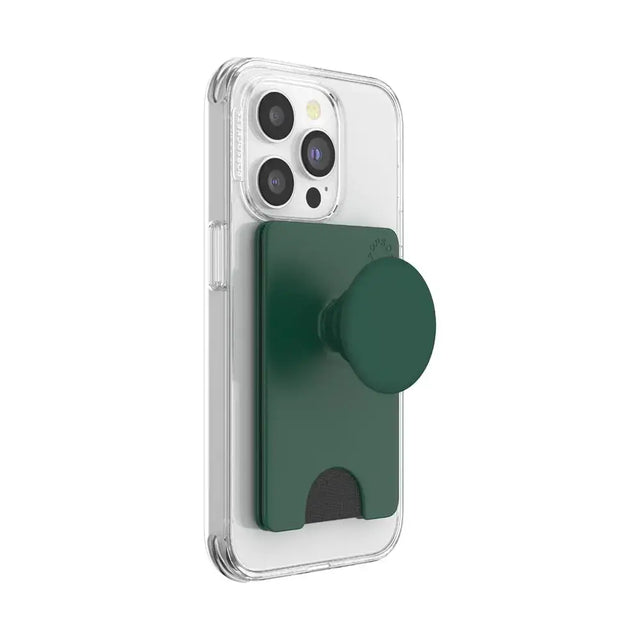 A sleek, matte forest green popsockets phone grip and card holder attached to a clear protective case.