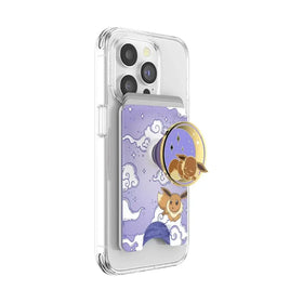 A purple eevee-themed popsockets phone grip with a clear case.
