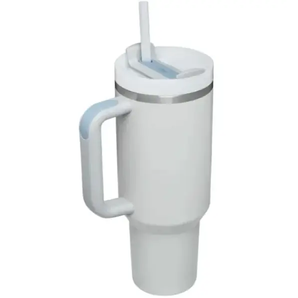 White insulated tumbler with a silver rim, integrated handle and straw lid.