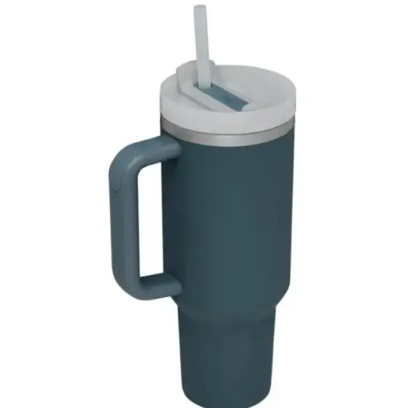Dark teal insulated tumbler with a white lid and straw, featuring a sturdy handle.