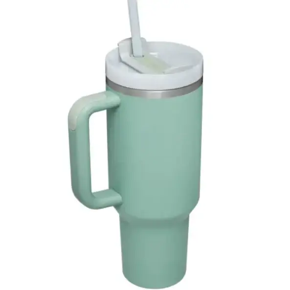 Mint green insulated tumbler with a white lid, silver rim, and integrated handle.