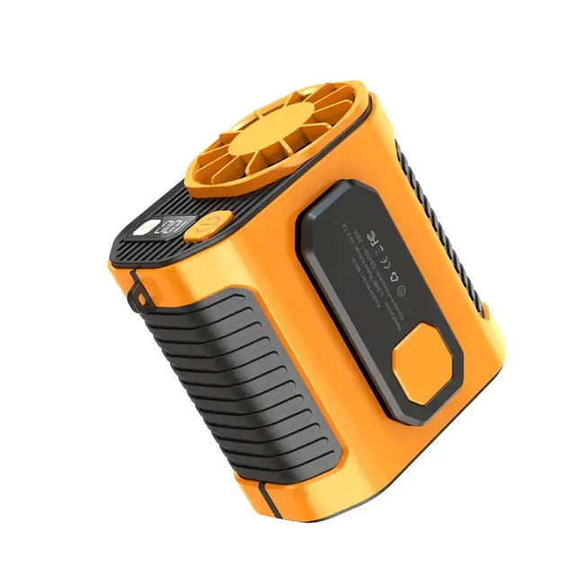 Orange and black portable cooling fan with a rugged, textured grip design.