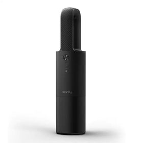 Black cylindrical handheld vacuum cleaner with a textured grip handle and the ’cleanfly’ brand name printed on its body.