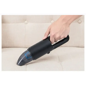 Black handheld vacuum cleaner with a transparent dust collection chamber and blue accent details.