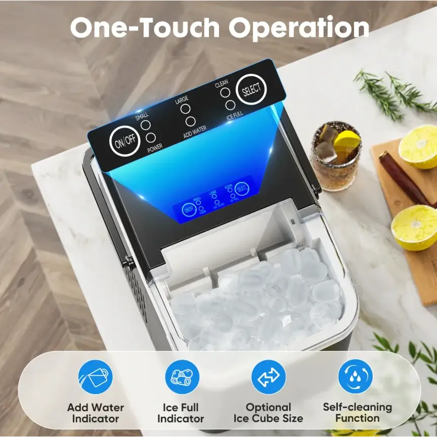 Black and silver countertop ice maker with a digital control panel featuring blue backlighting for one-touch operation.