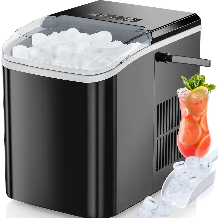 Black and silver countertop ice maker with a clear lid filled with round, white ice cubes.