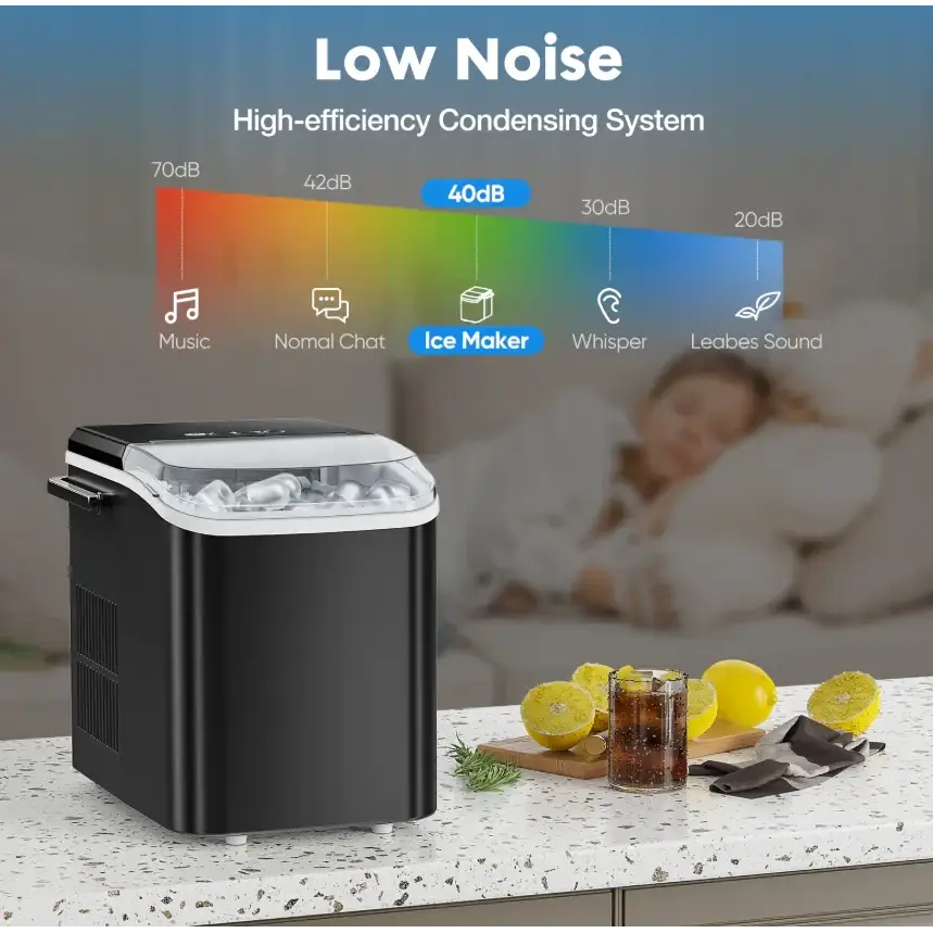 Black and white countertop ice maker with a transparent lid revealing the interior.