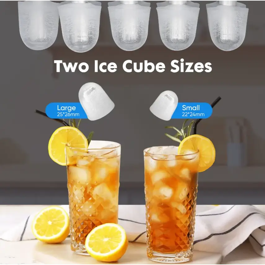 Clear, translucent silicone ice cube molds in two sizes—large and small—with a textured design for easy gripping.