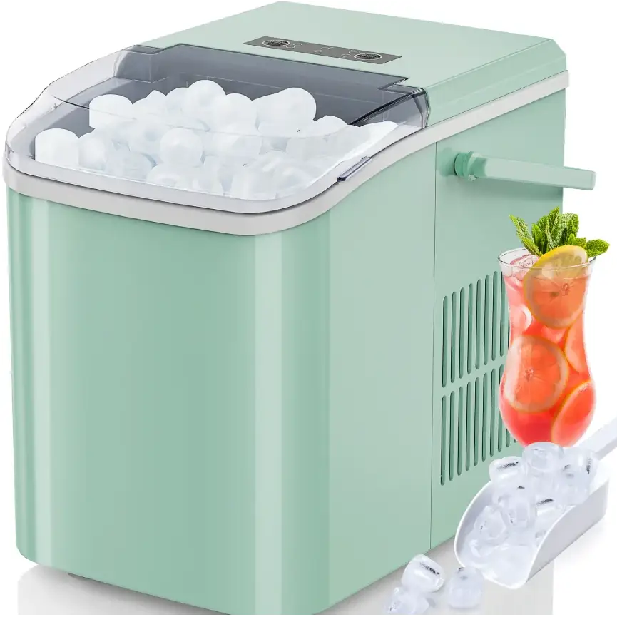 Mint green countertop ice maker with clear lid and white scoop.