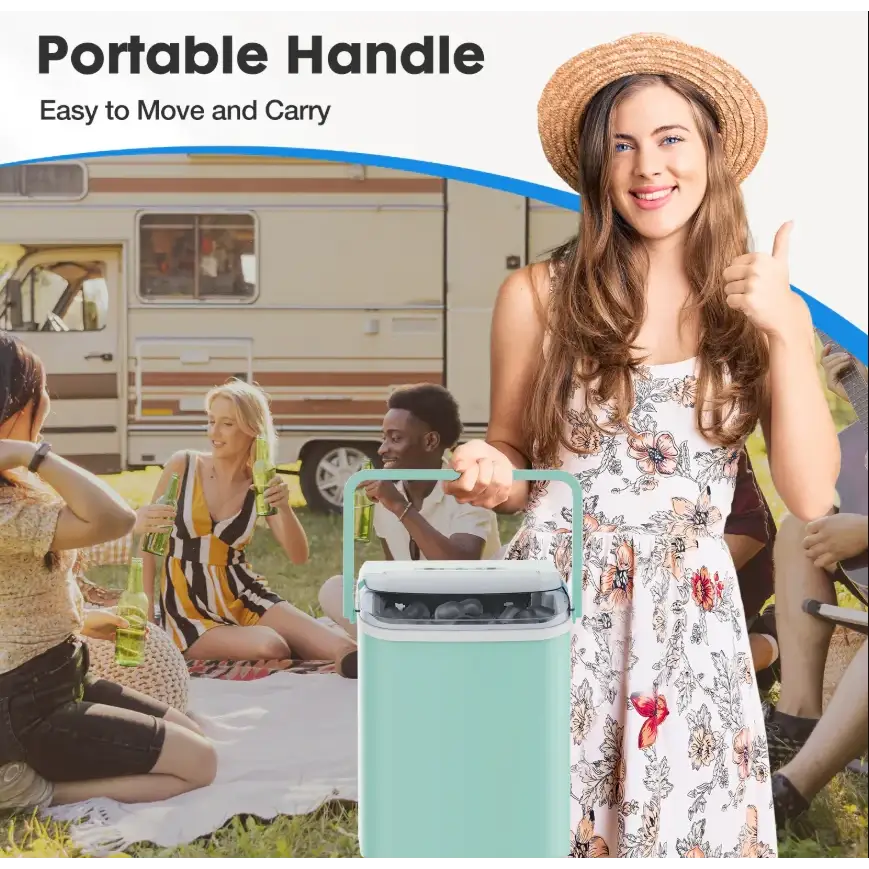 Mint green portable cooler with a handle and transparent lid.