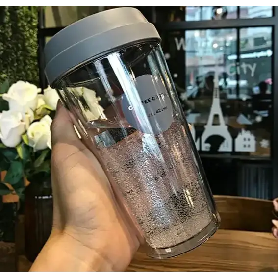 Clear double-walled tumbler with a gray lid and ’coffee cup 420ml’ label.