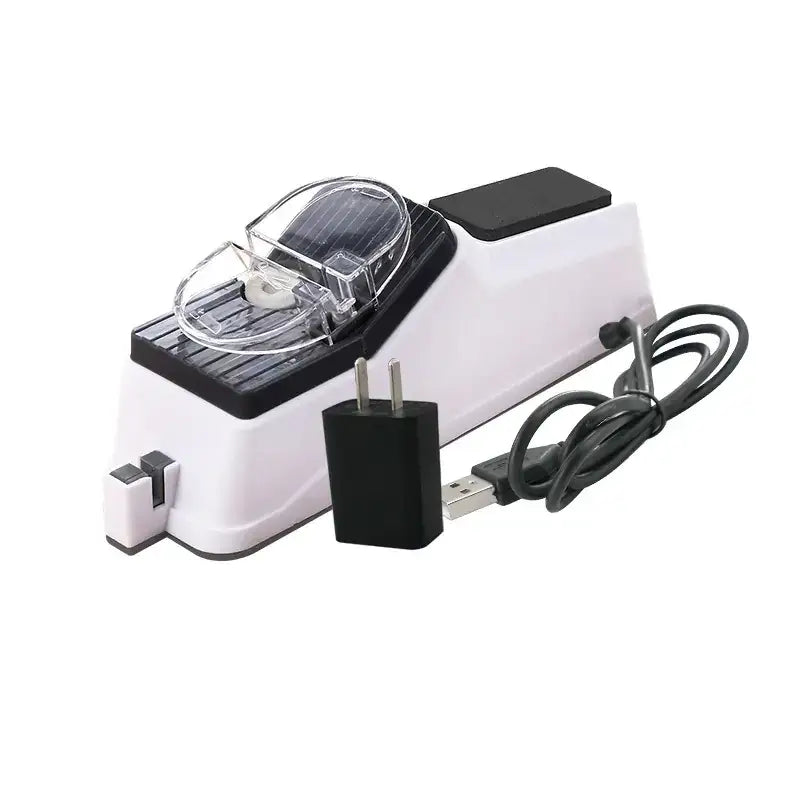 White and black electric knife sharpener with a clear protective cover over the sharpening mechanism.