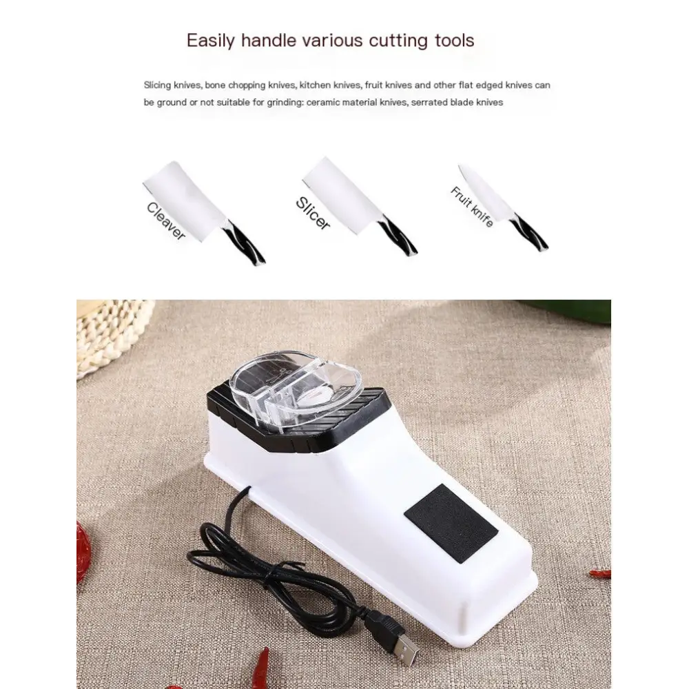 White and black electric knife sharpener with a clear plastic cover over the grinding wheel.