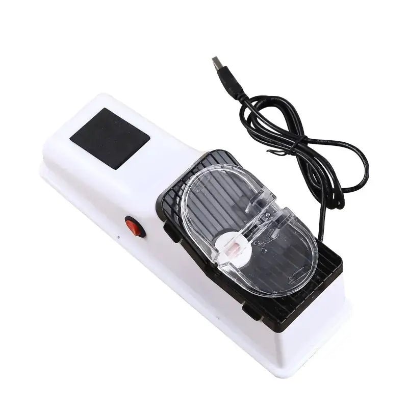 White electric knife sharpener with black accents, clear plastic cover over the sharpening mechanism and a usb charging cable.