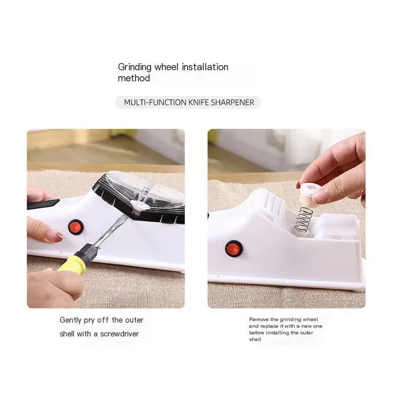 White plastic multi-function knife sharpener with a red power button and removable grinding wheel.