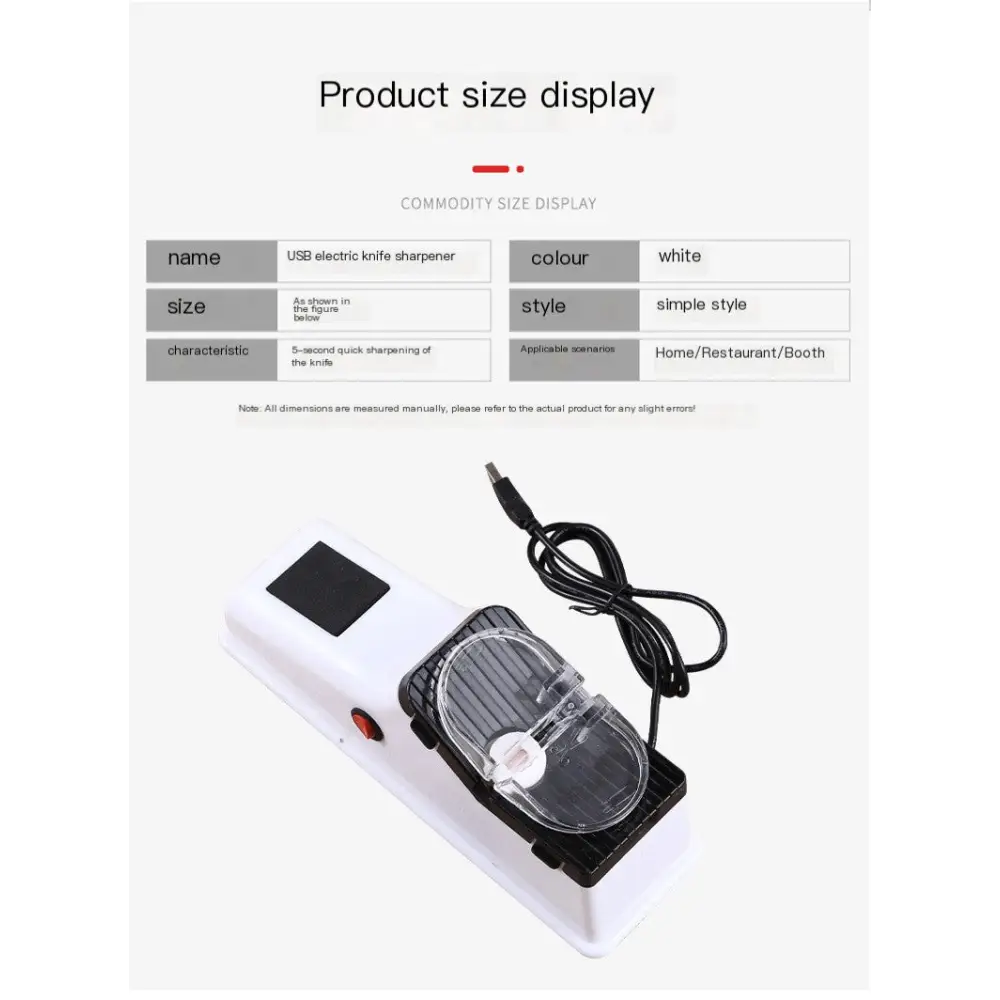 White usb electric knife sharpener with a black cord and transparent protective cover over the sharpening mechanism.