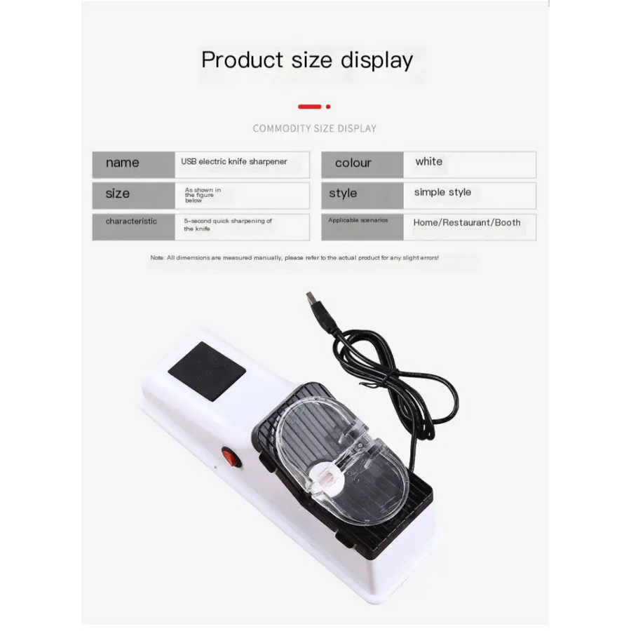 White usb electric knife sharpener with a black cord and transparent protective cover over the sharpening mechanism.