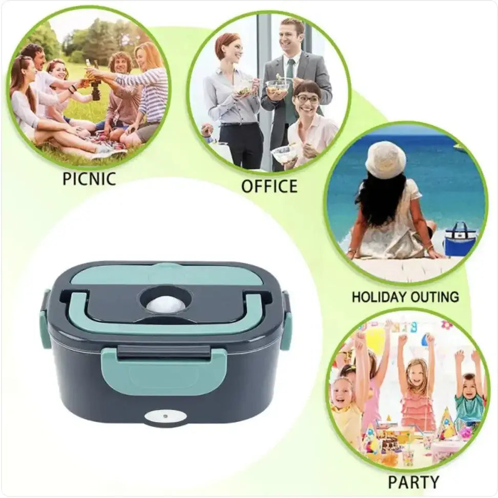 Black and teal electric heating lunch box with a handle on the lid.