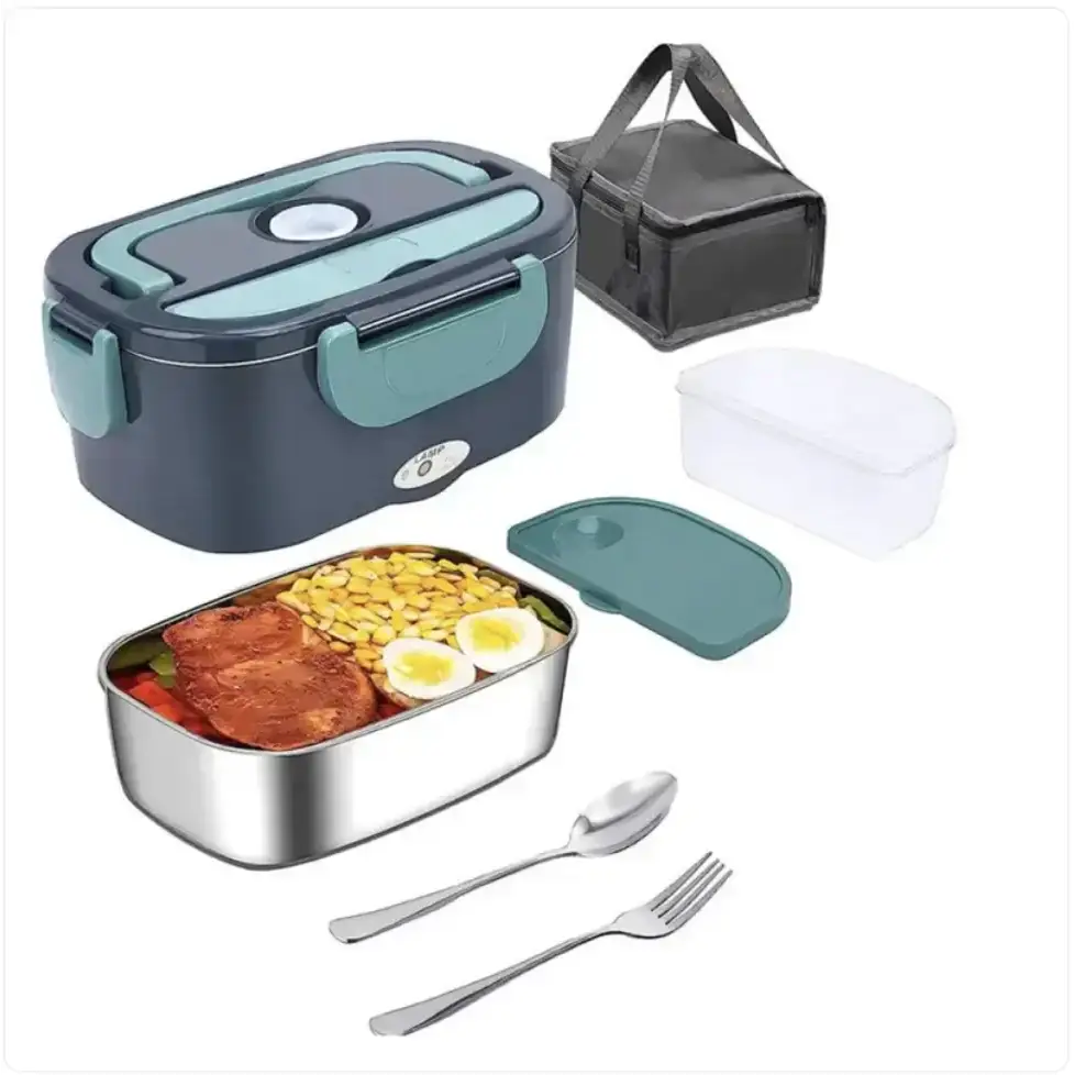 Blue and teal electric heating lunch box with stainless steel inner container, featuring a lid that opens to reveal compartments for food.