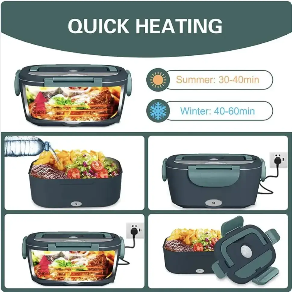 Dark gray electric lunch box with teal accents and a clear lid, designed for quick heating of meals.
