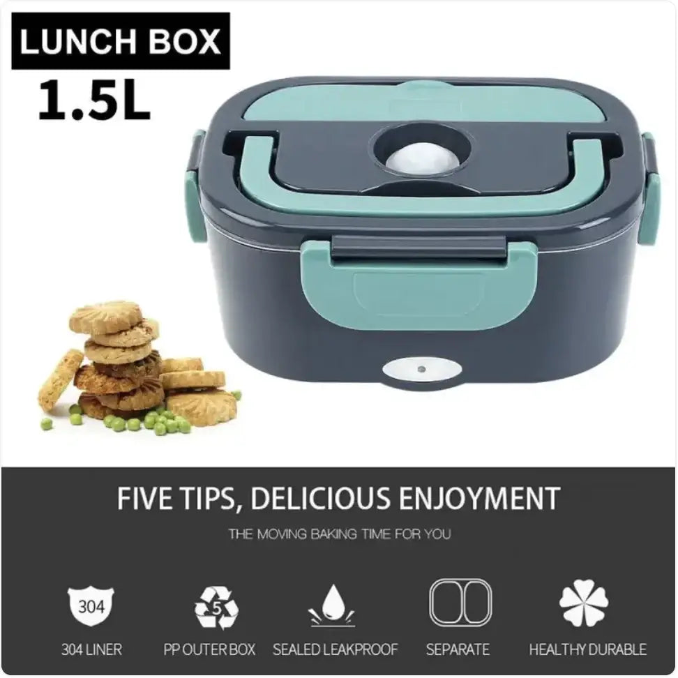 Dark gray and teal two-compartment electric lunch box with a built-in heating element.
