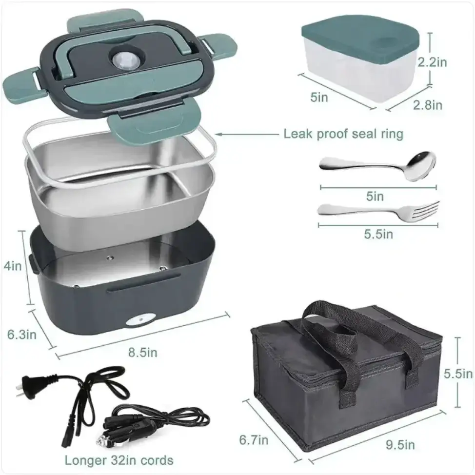 Electric heating lunchbox with three stacked stainless steel compartments, teal and black plastic lid and handles, accompanied by a matching insulated carrying bag.