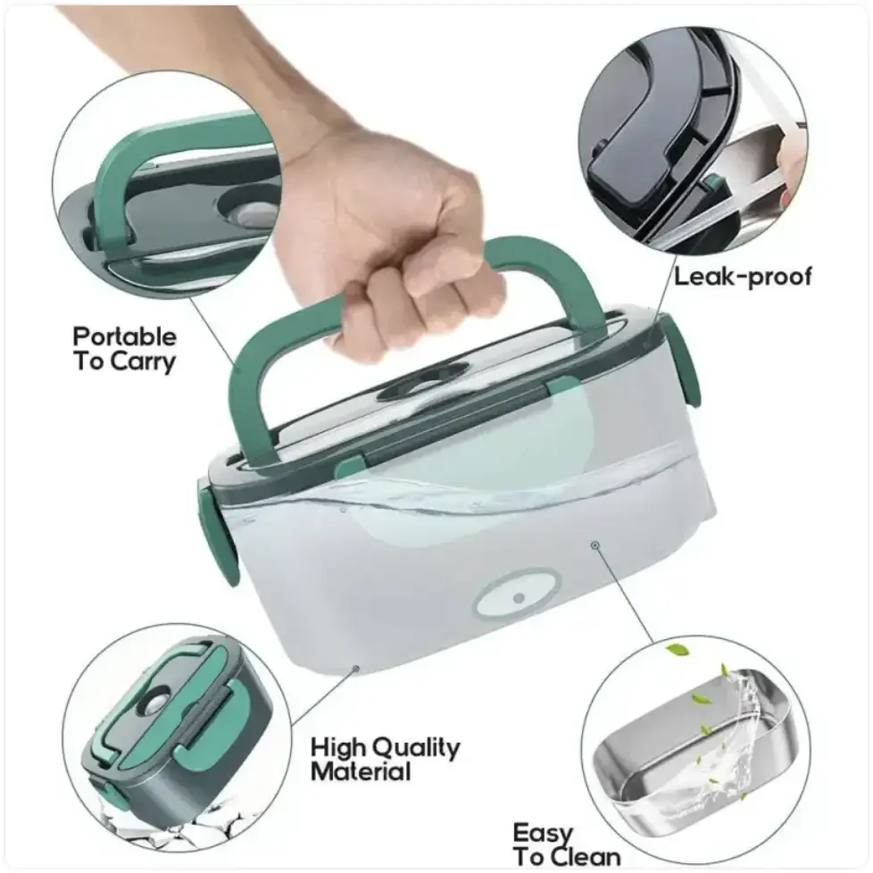 A sleek, portable electric lunchbox with a silver stainless steel interior and teal-green plastic exterior accents.