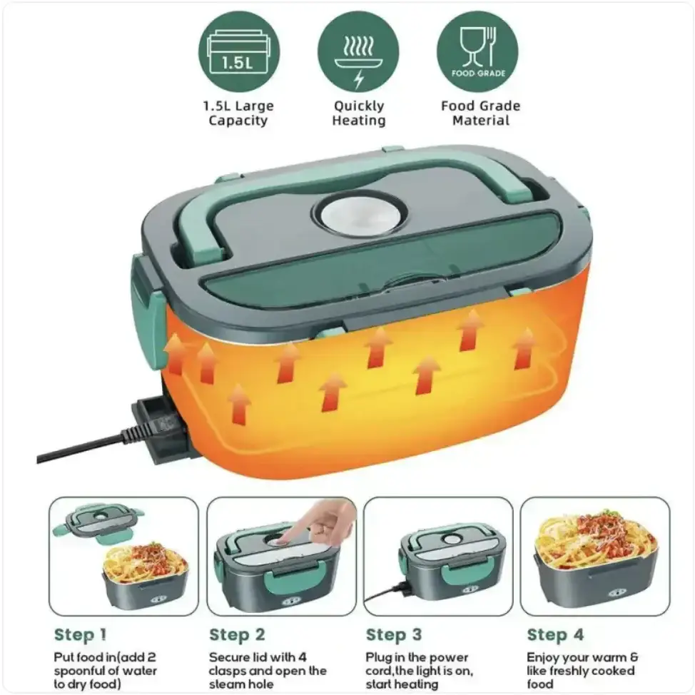 A sleek, rectangular 1.5l electric food warmer with a dark gray and teal-green body featuring an integrated handle for portability and a power cord for heating.