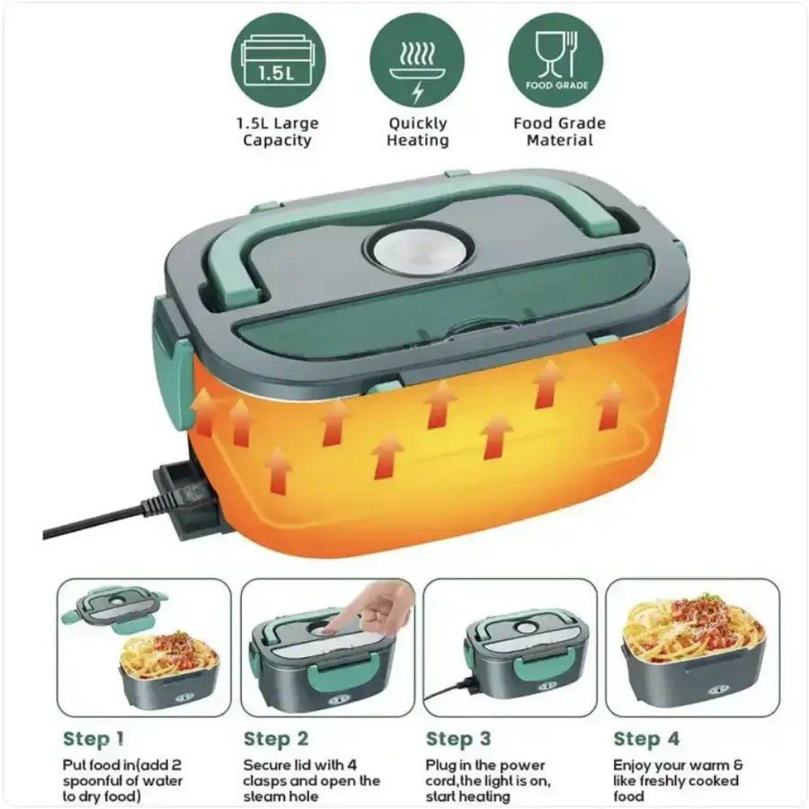 A sleek, rectangular 1.5l electric food warmer with a dark gray and teal-green body featuring an integrated handle for portability and a power cord for heating.