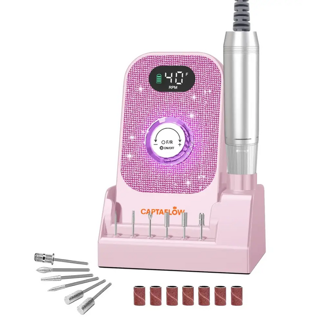 Portable Electric Nail Drill File: 40000RPM Professional Nail Drill with Bits & Base Pink Diamond Rechargeable Nail E File Machine for Remover Gel Nail Polish Acrylic Nails Manicure for Salon Home