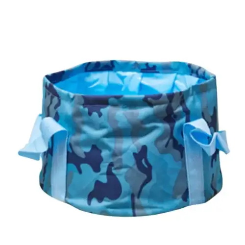 Blue camouflage-patterned collapsible pet bowl with light blue fabric ties.