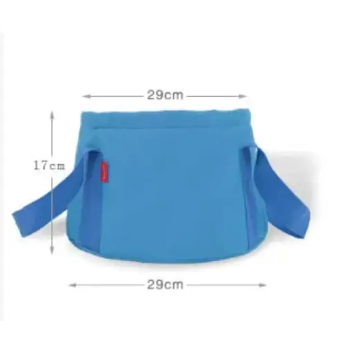 Blue fabric shoulder bag with adjustable straps and a red brand tag.