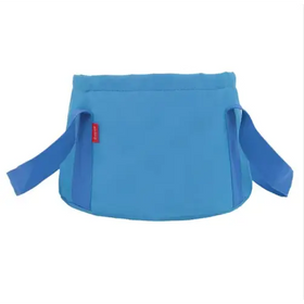 Blue fabric baby carrier with adjustable straps and a small red brand tag.