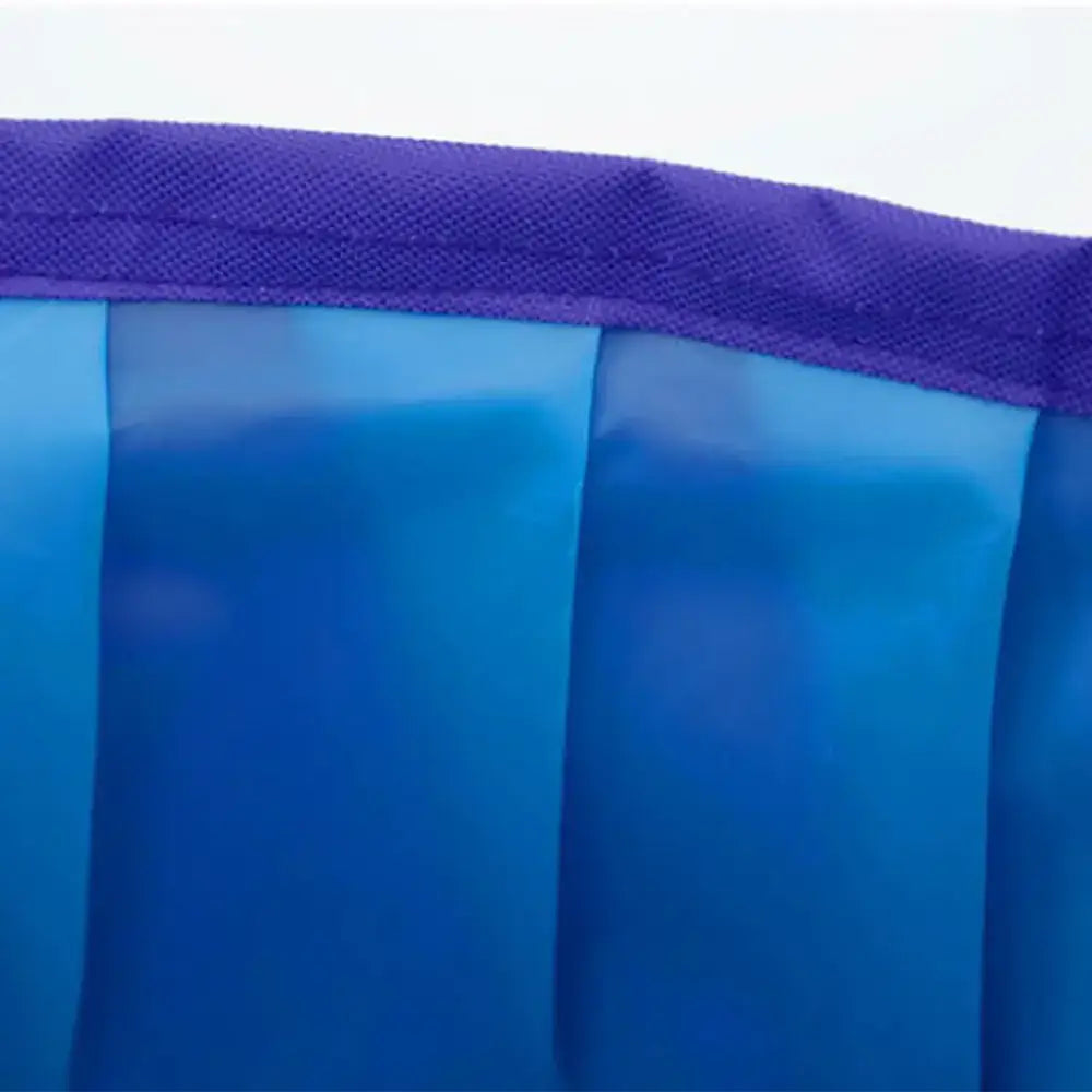 Blue translucent plastic with a purple fabric trim.